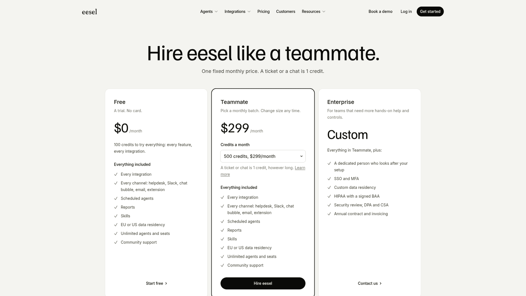 The eesel pricing page showing the free plan and the Teammate plan from $299 a month for 500 credits, as taken from eesel
