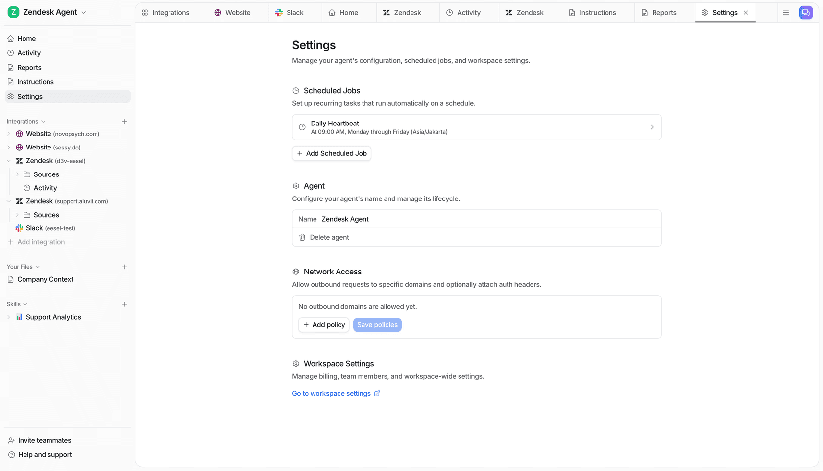 eesel AI dashboard showing agent settings and integrations
