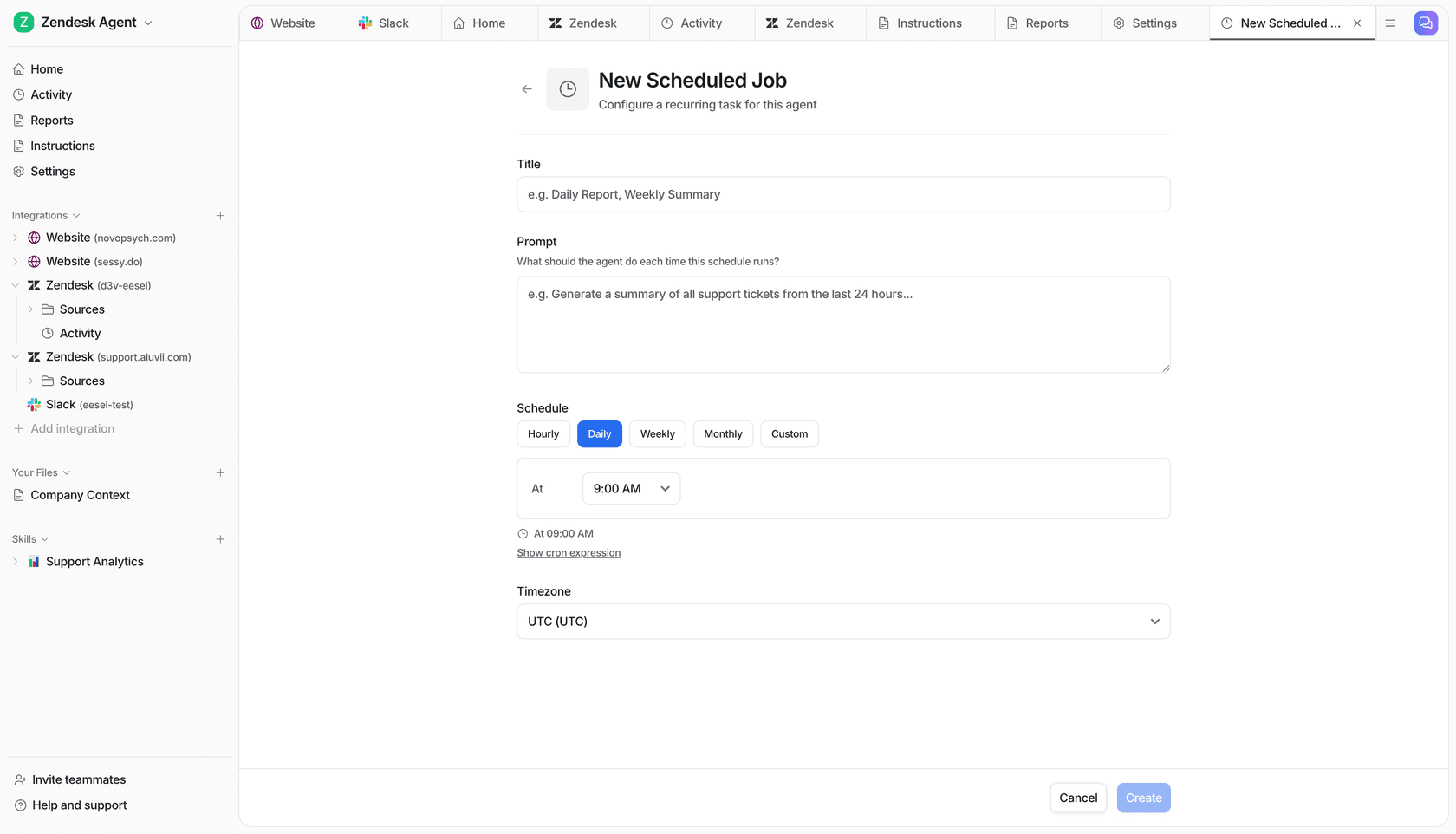 eesel AI scheduled job creation form showing Title, Prompt (plain English), Schedule picker with Hourly/Daily/Weekly/Monthly/Custom options, time picker, and Timezone field