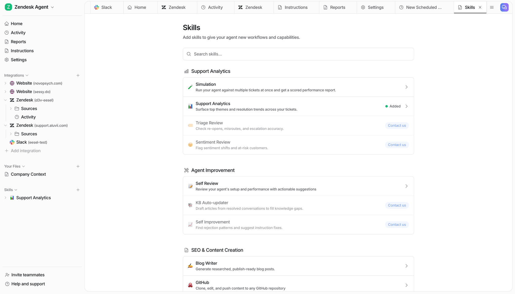 eesel AI skills catalog showing three categories: Support Analytics (Simulation, Support Analytics, Triage Review, Sentiment Review), Agent Improvement (Self Review, KB Auto-updater, Self Improvement), and SEO and Content Creation