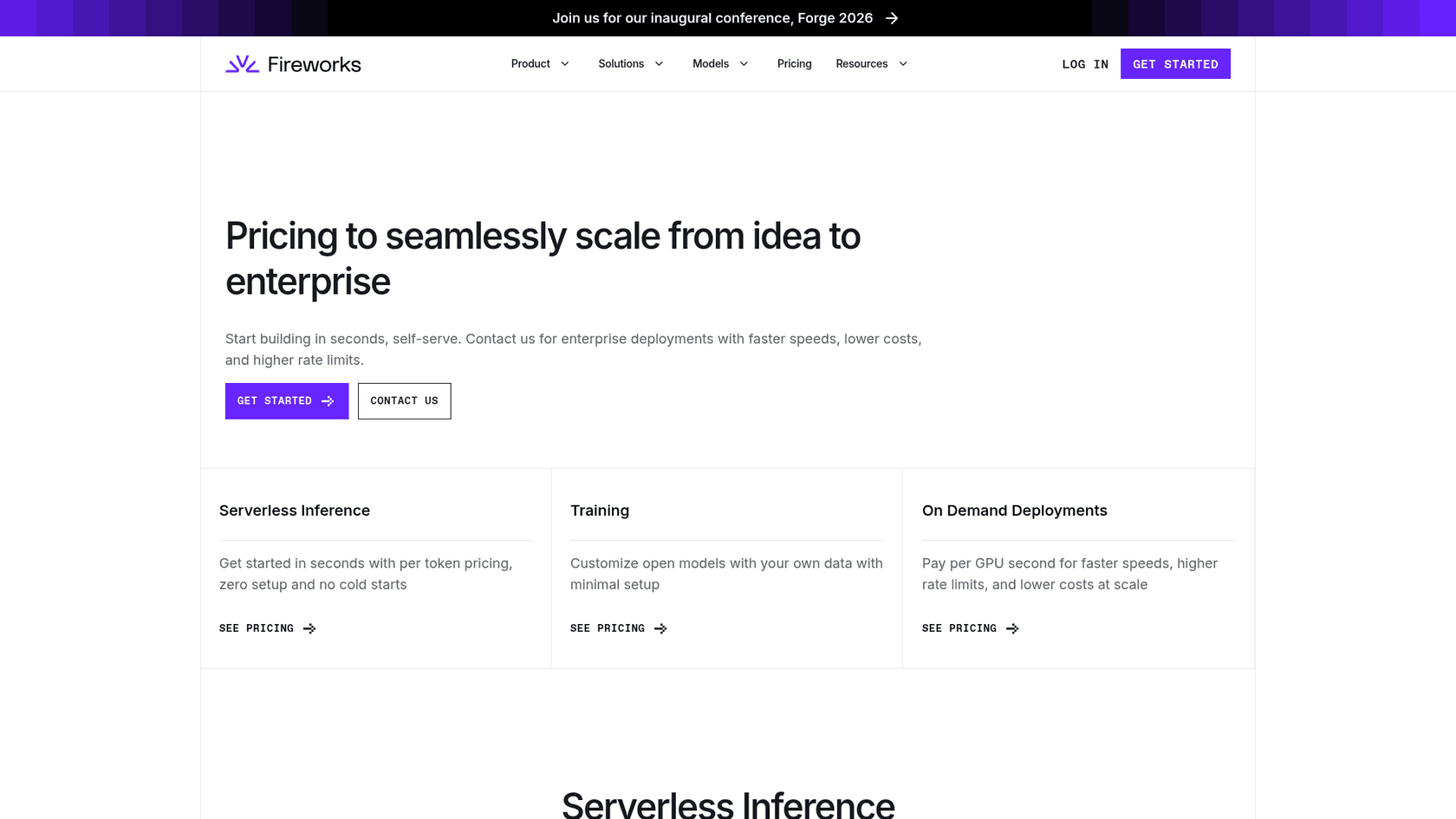 The Fireworks AI pricing page, with serverless, training and on-demand sections, as taken from Fireworks AI