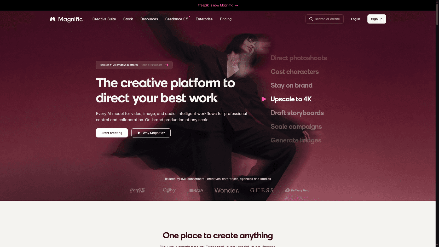 Magnific homepage with its "Freepik is now Magnific" banner, as taken from Magnific