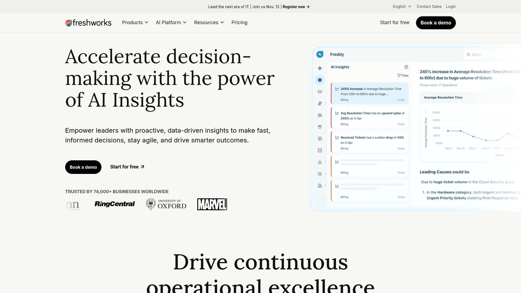 Freddy AI Insights cards and root cause view, as taken from Freshworks