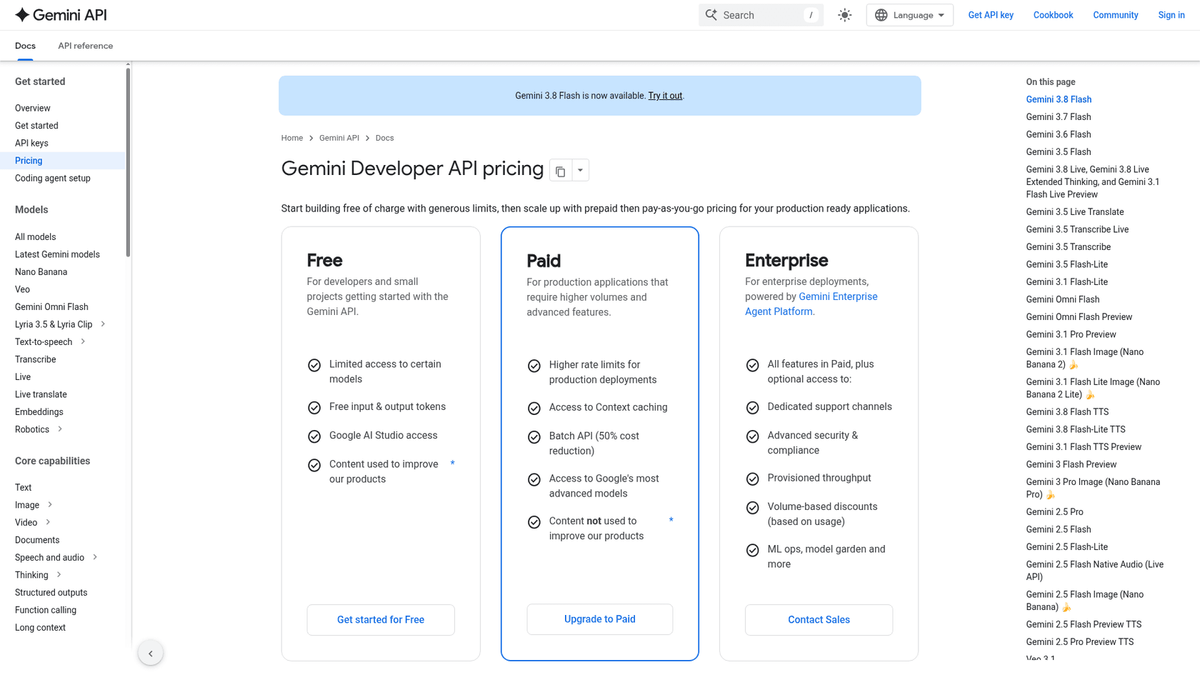 Gemini Developer API pricing page with Free, Paid and Enterprise tiers, as captured from Google AI for Developers
