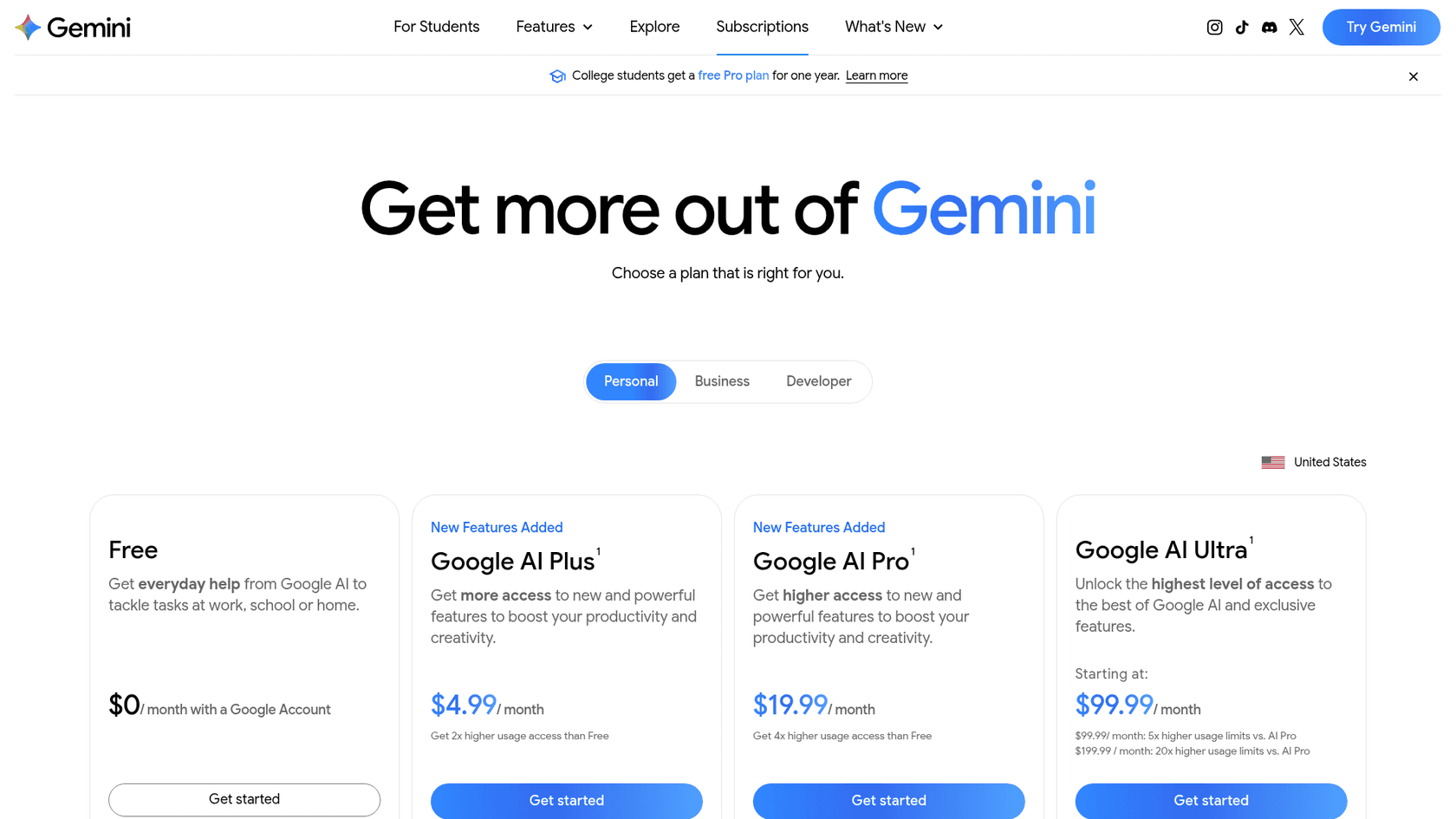 Gemini subscription plans page listing Google AI Plus, Pro and Ultra, as seen on Gemini