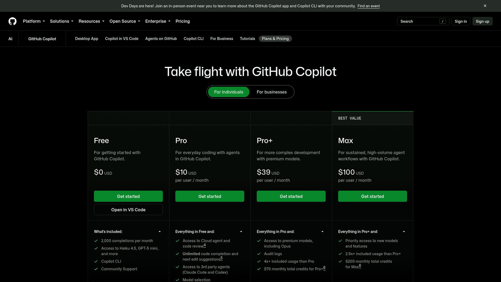 GitHub Copilot plans page showing Free, Pro $10, Pro+ $39 and Max $100 individual plans, as taken from GitHub