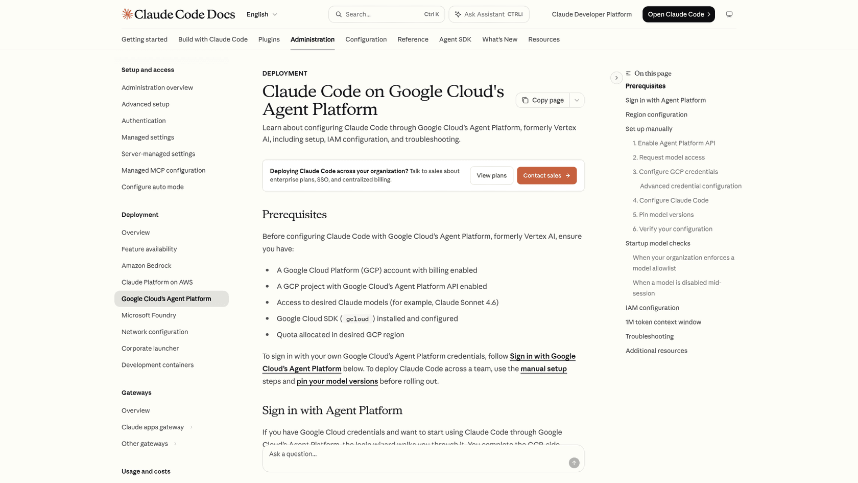 Claude Code's Google Cloud Agent Platform setup page, as taken from Anthropic's docs