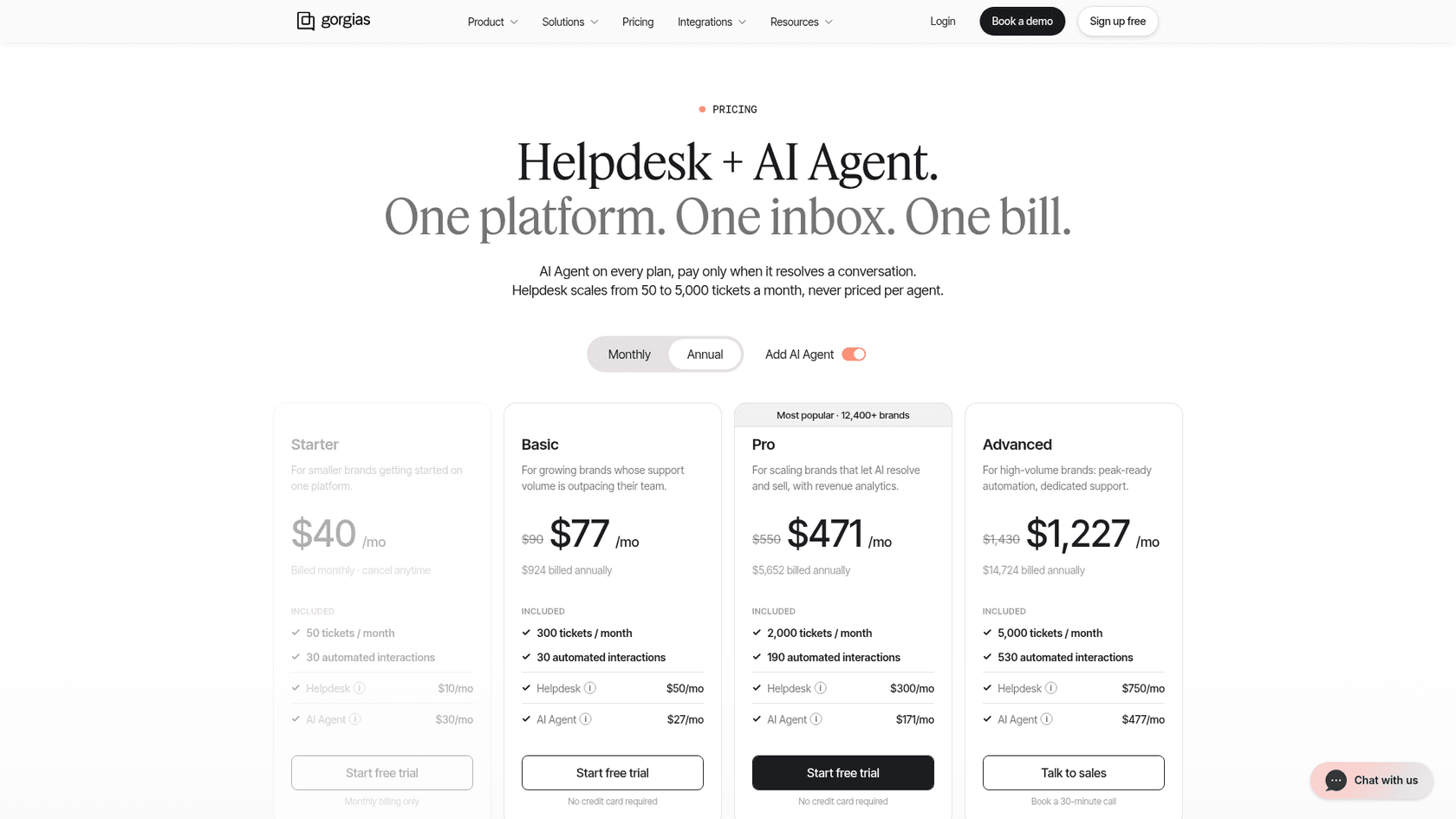 Gorgias pricing page with Starter, Basic, Pro, and Advanced plans, as taken from gorgias.com/pricing