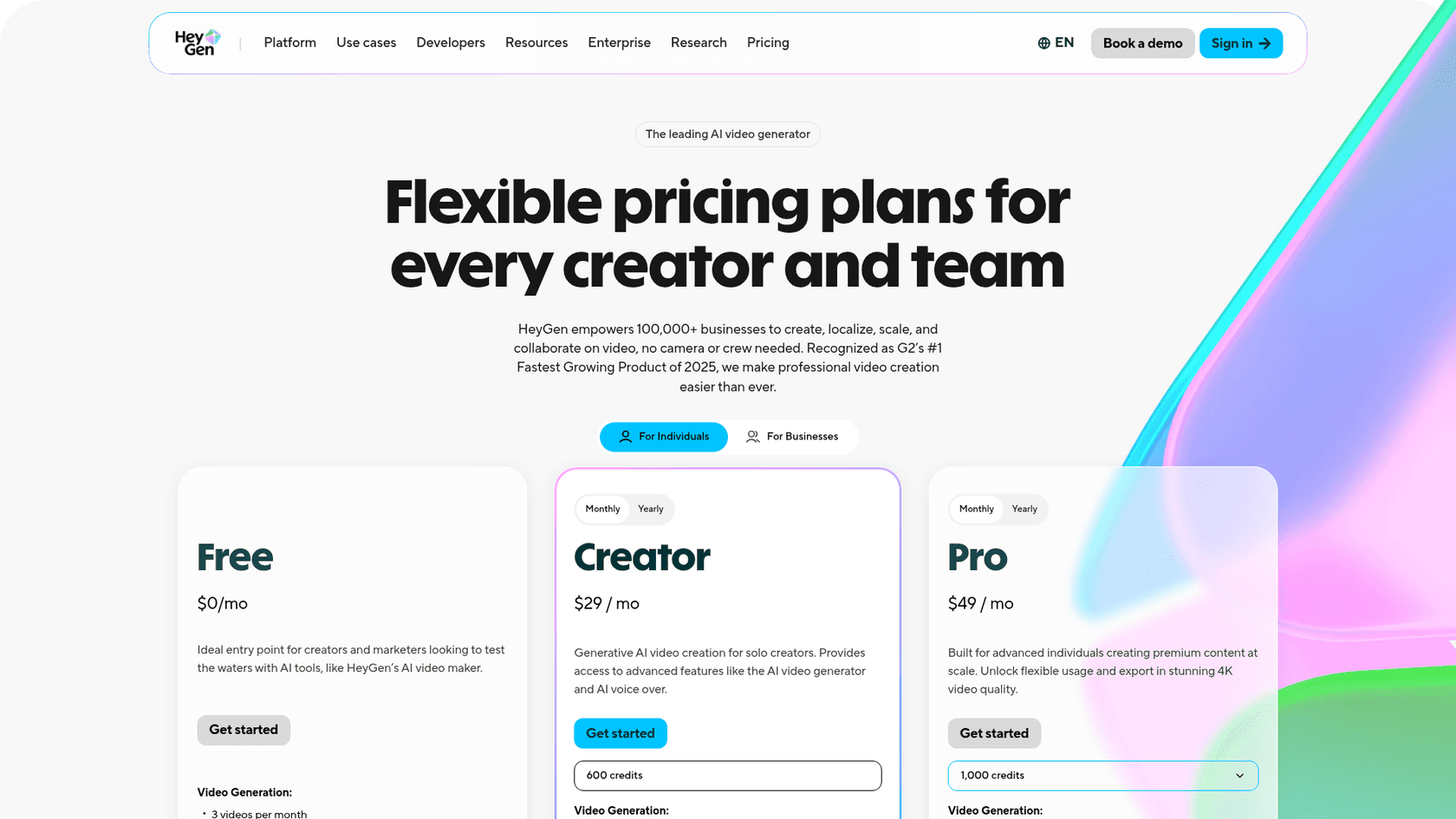 HeyGen's pricing page with the Free, Creator and Pro plans, as taken from HeyGen