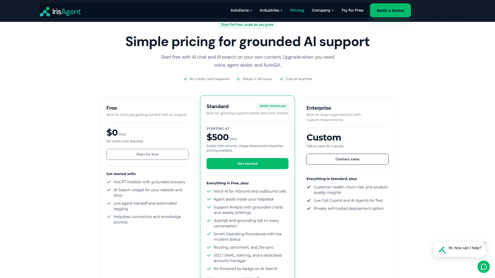 The IrisAgent pricing page in October 2026, showing the Free, Standard and Enterprise columns, as taken from IrisAgent