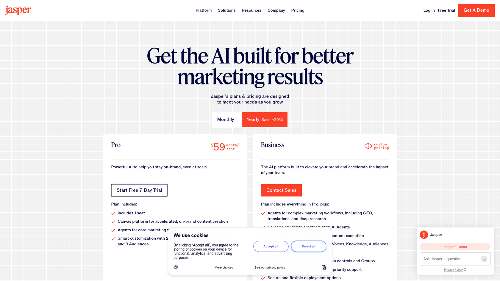 Jasper's Pro and Business plan cards, as taken from Jasper's pricing page