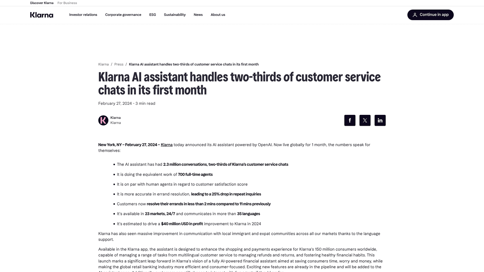 Klarna's February 2024 press release on its AI assistant, as taken from Klarna