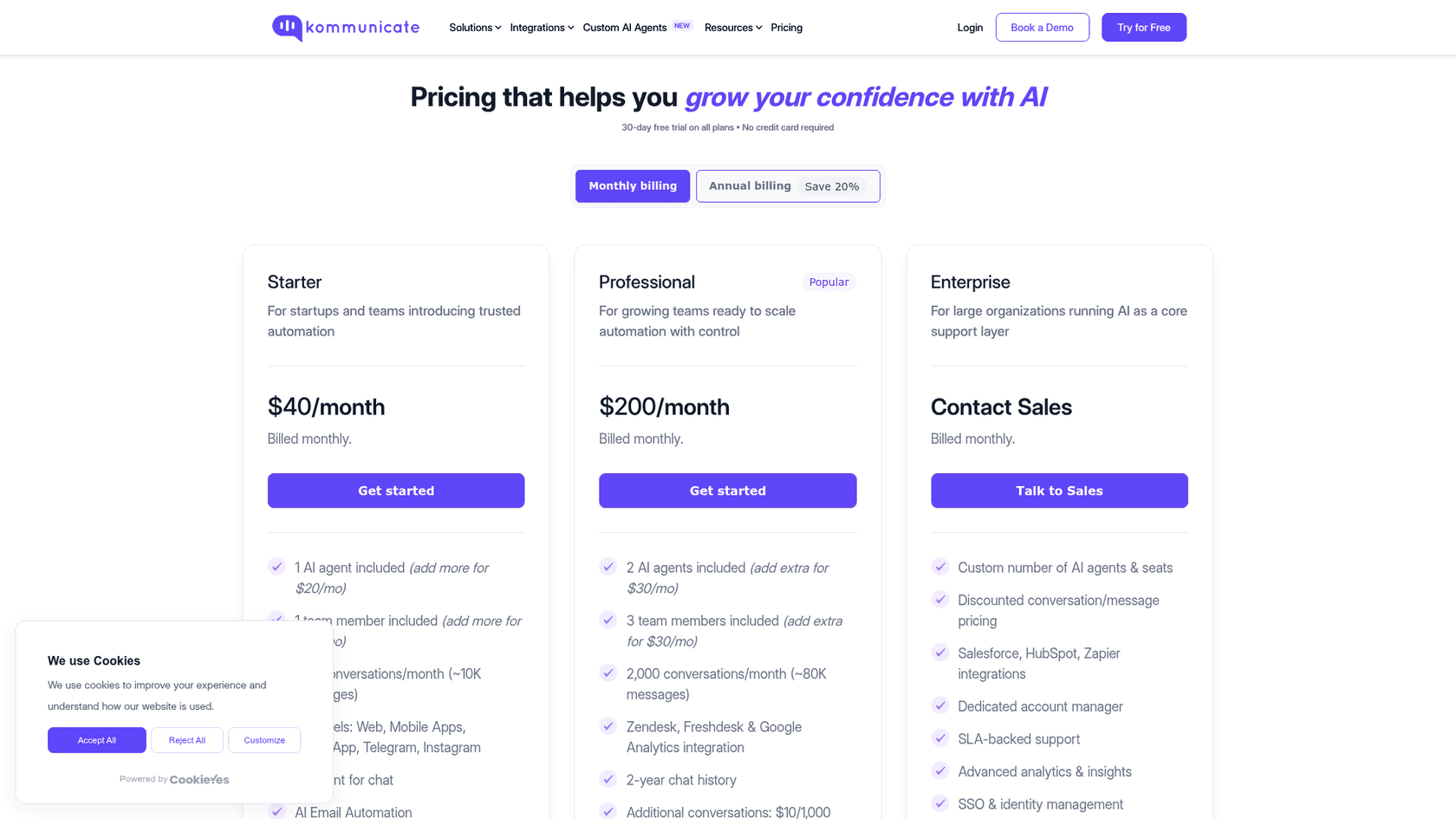 Kommunicate's pricing page showing Starter, Professional and Enterprise plans, as taken from Kommunicate