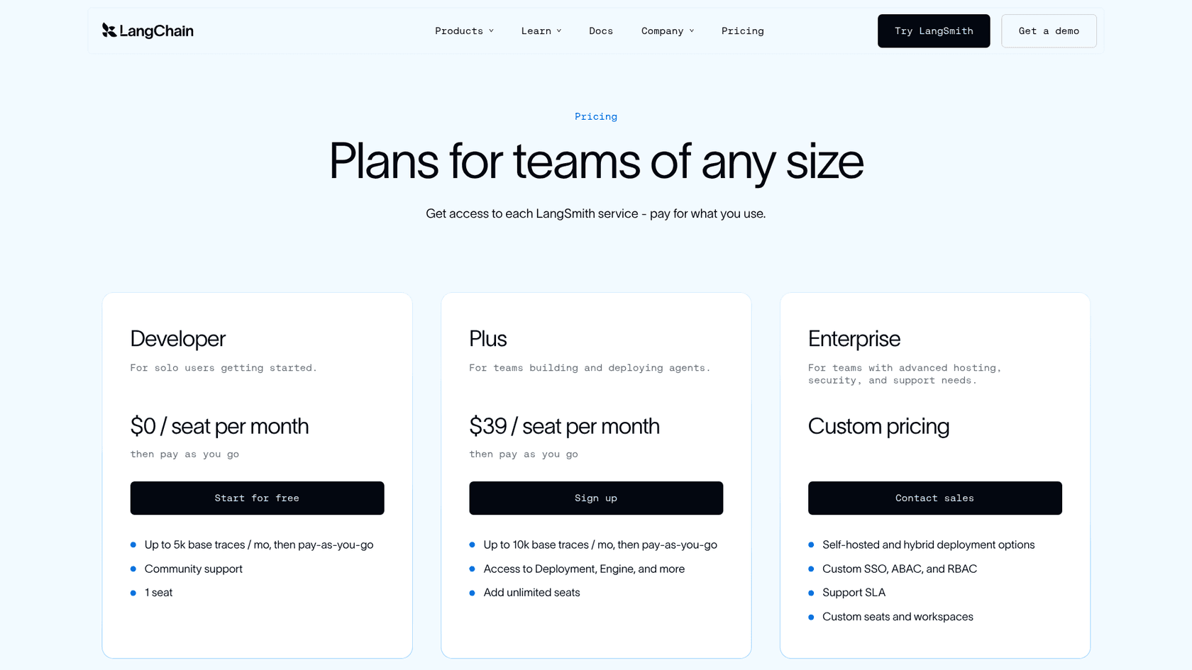 LangChain pricing page showing the Developer, Plus, and Enterprise plans with per-seat prices and pay-as-you-go traces, as taken from LangChain