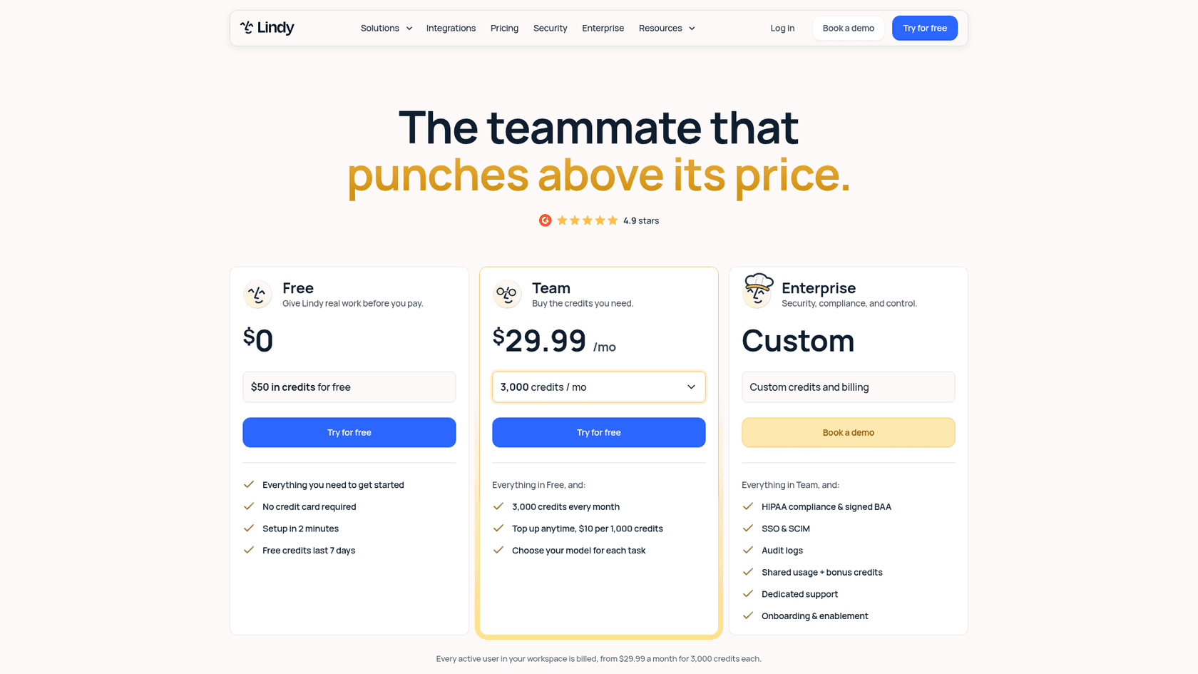 The Lindy pricing page with Free, Team and Enterprise plans, as taken from Lindy