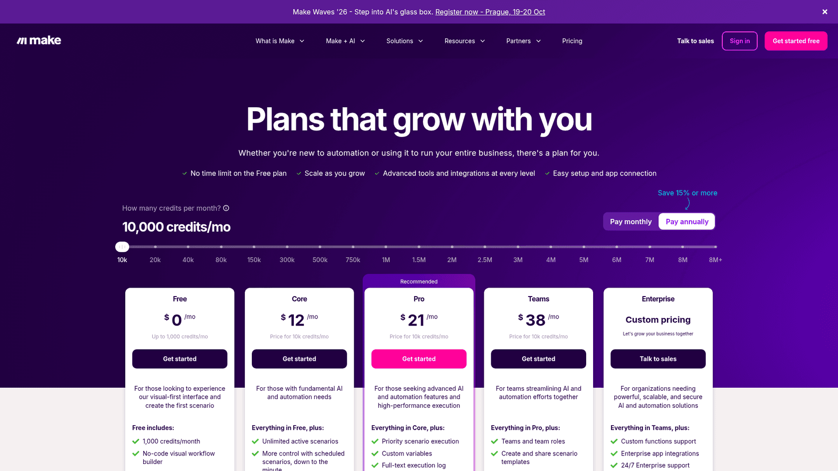 Make's pricing page showing Free, Core, Pro and Teams plans priced per 10,000 credits a month, as taken from Make