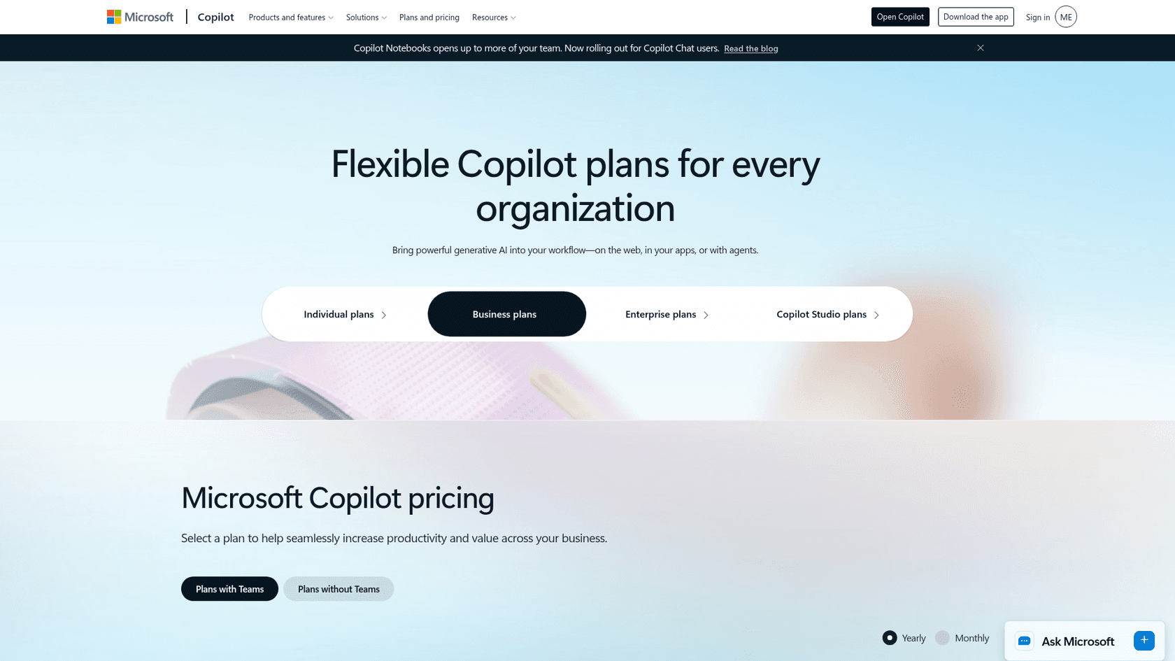 Microsoft Copilot business plans pricing page, as taken from Microsoft
