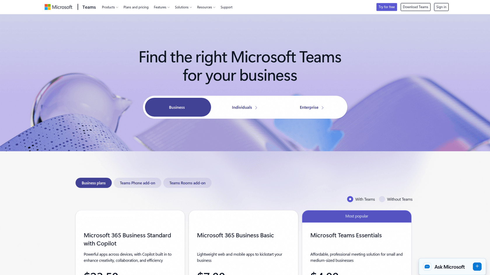 Microsoft's Teams business plans page showing Business Standard with Copilot, Business Basic and Teams Essentials, as taken from Microsoft