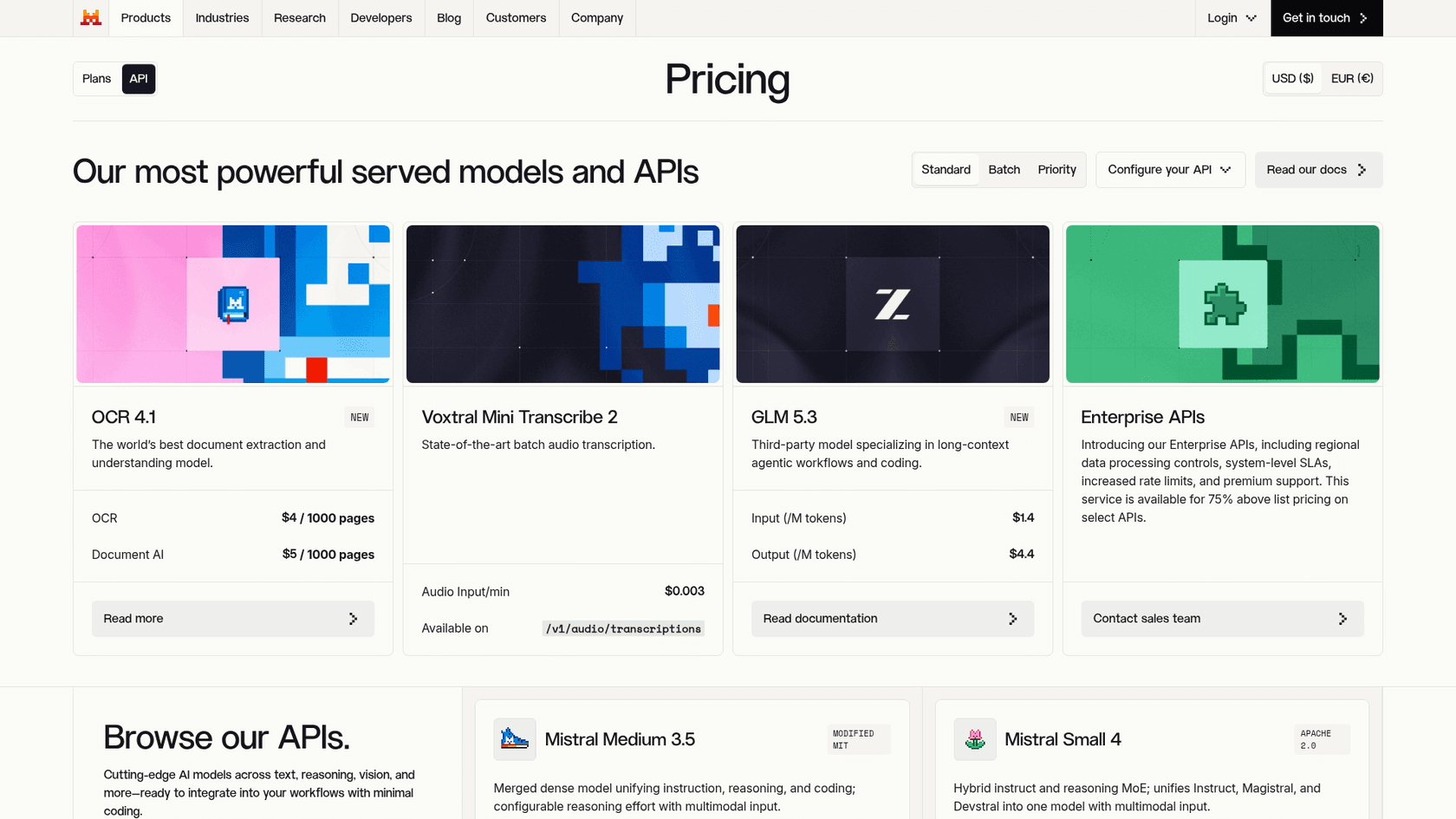 Mistral AI API pricing page showing current models, as taken from Mistral's pricing page