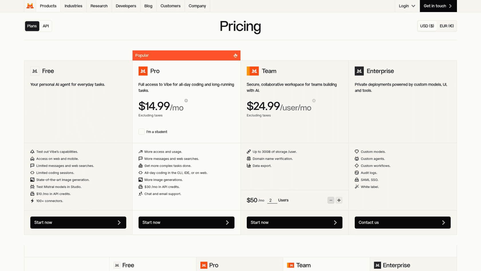 Mistral pricing page showing the Free, Pro, Team and Enterprise plans for Vibe, as taken from Mistral