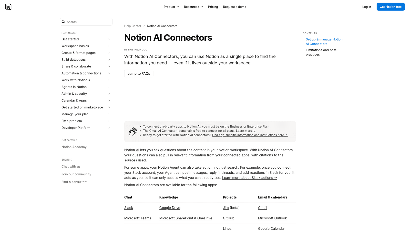 Notion's AI Connectors help page listing Slack, Teams, Google Drive, SharePoint, Jira, GitHub, Linear, Gmail, Outlook and Google Calendar, as shown in Notion's help center