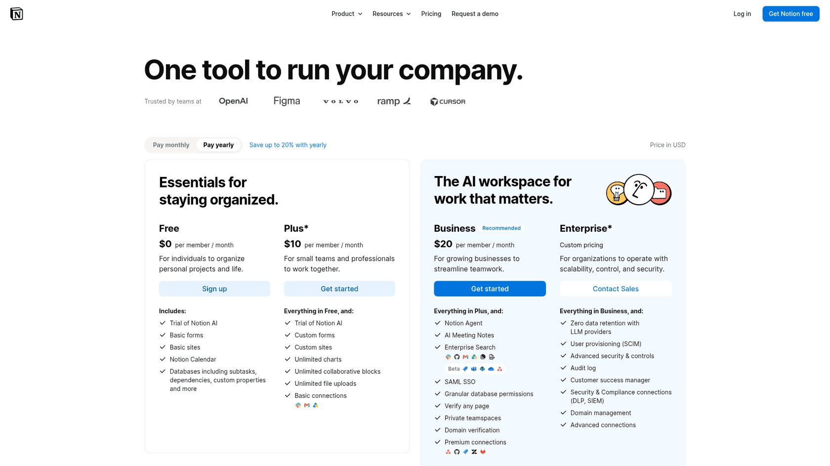 Notion pricing page showing Free, Plus, Business and Enterprise plans, as seen on the Notion pricing page