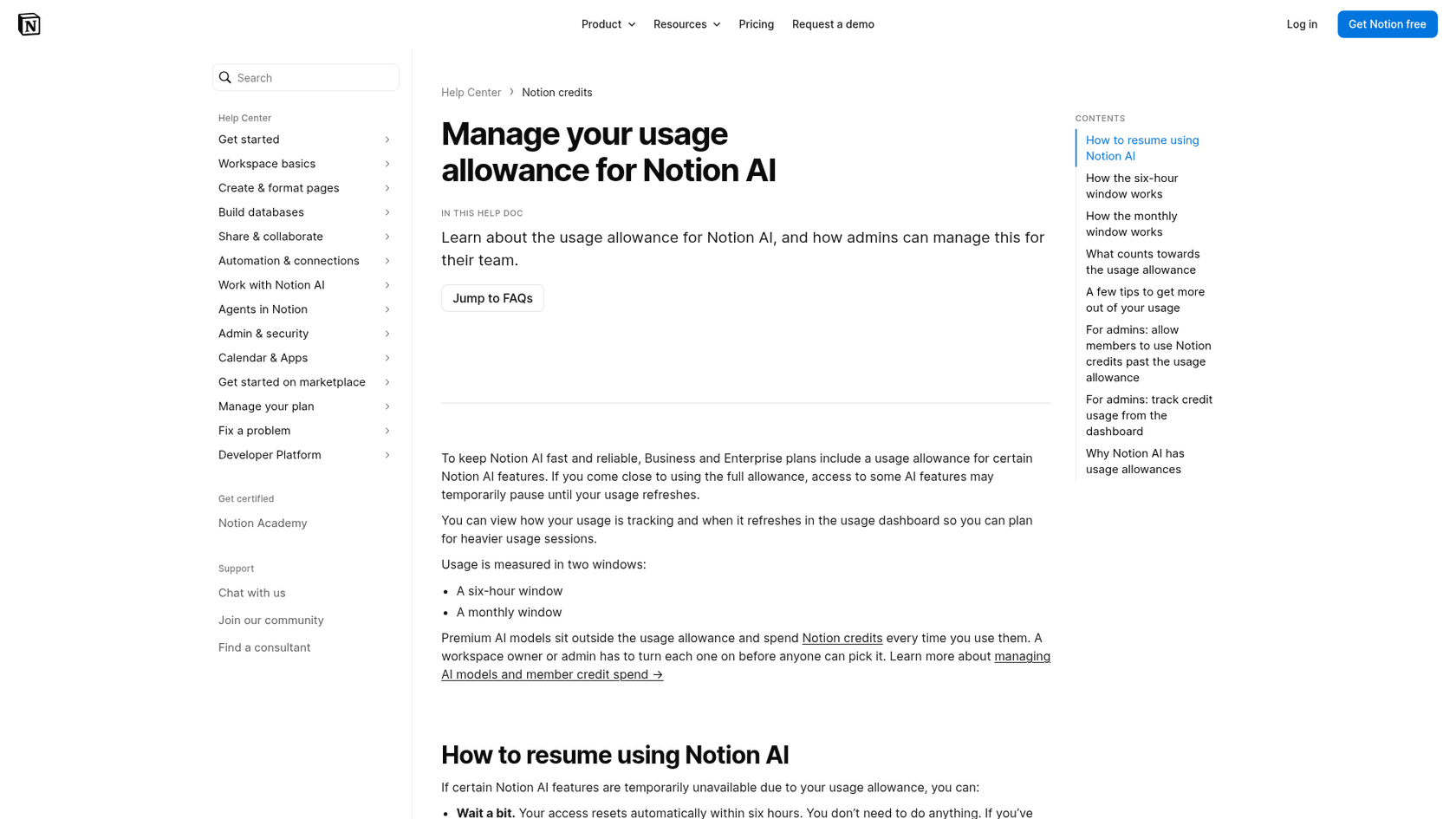 Notion's usage allowance help page explaining the six-hour and monthly windows for Notion AI, as shown in Notion's help center