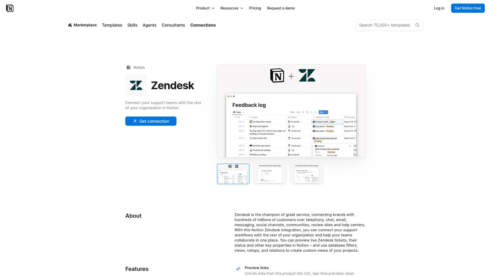 Notion's Zendesk connection page showing a feedback log database with live ticket previews, as taken from Notion