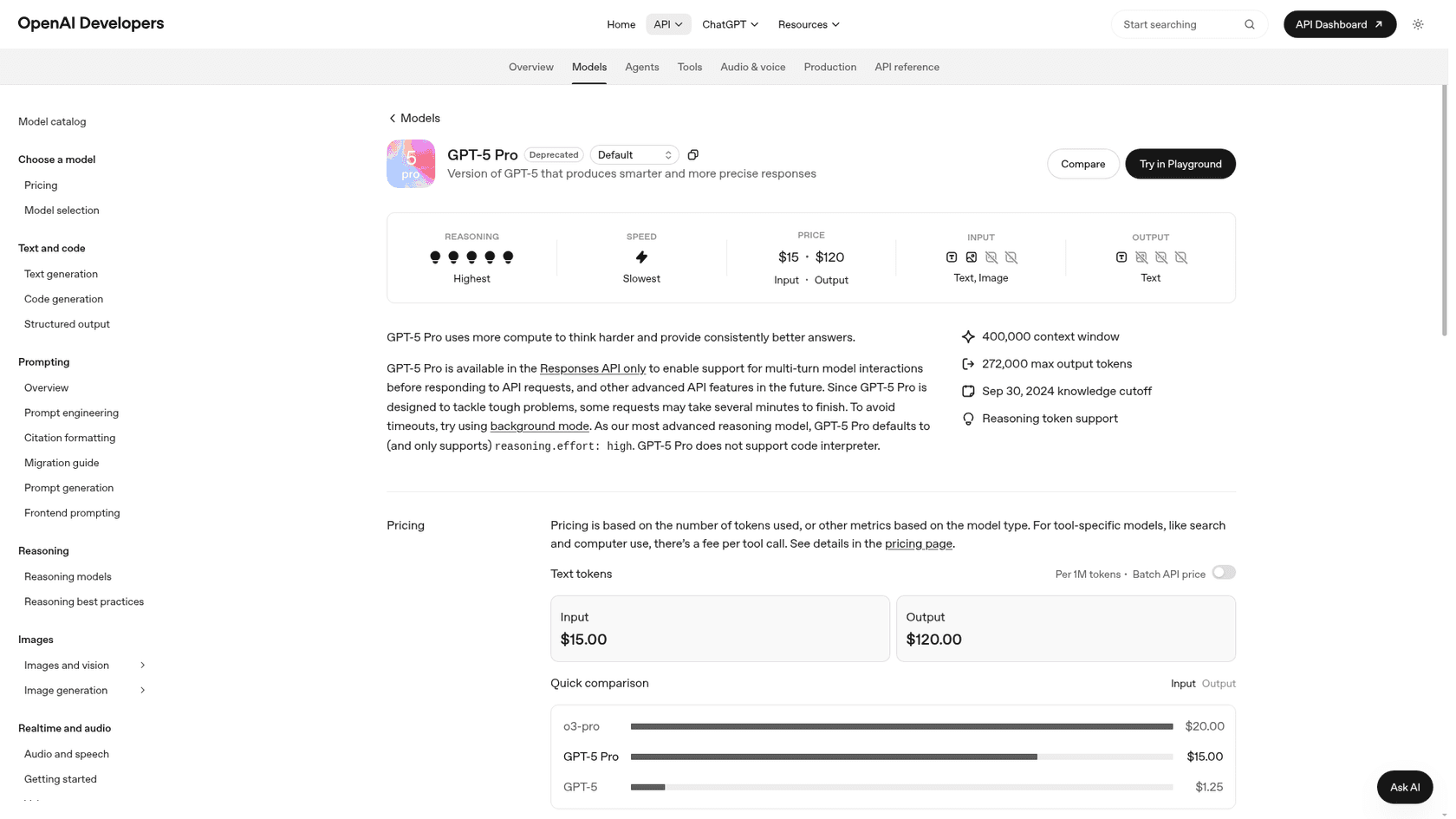 The GPT-5 Pro model page showing the Deprecated label, $15 input and $120 output pricing, and the 400,000 token context window, as taken from OpenAI Developers