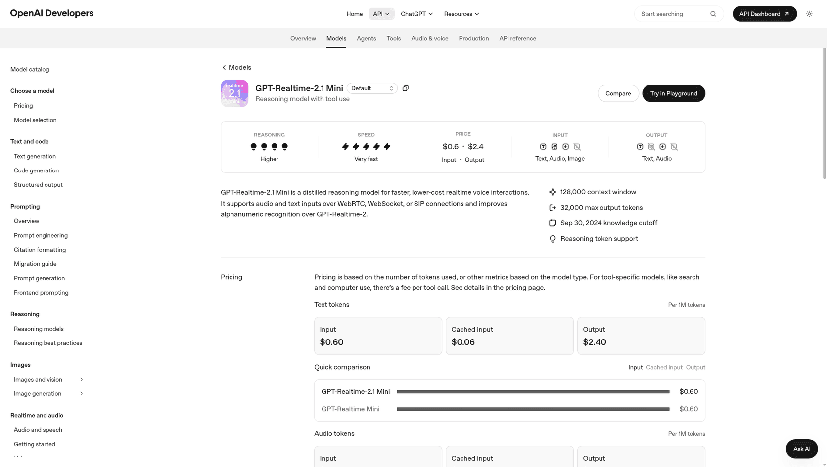 The GPT-Realtime-2.1 Mini model page listing $0.60 input and $2.40 output per 1M text tokens, as taken from OpenAI's developer docs