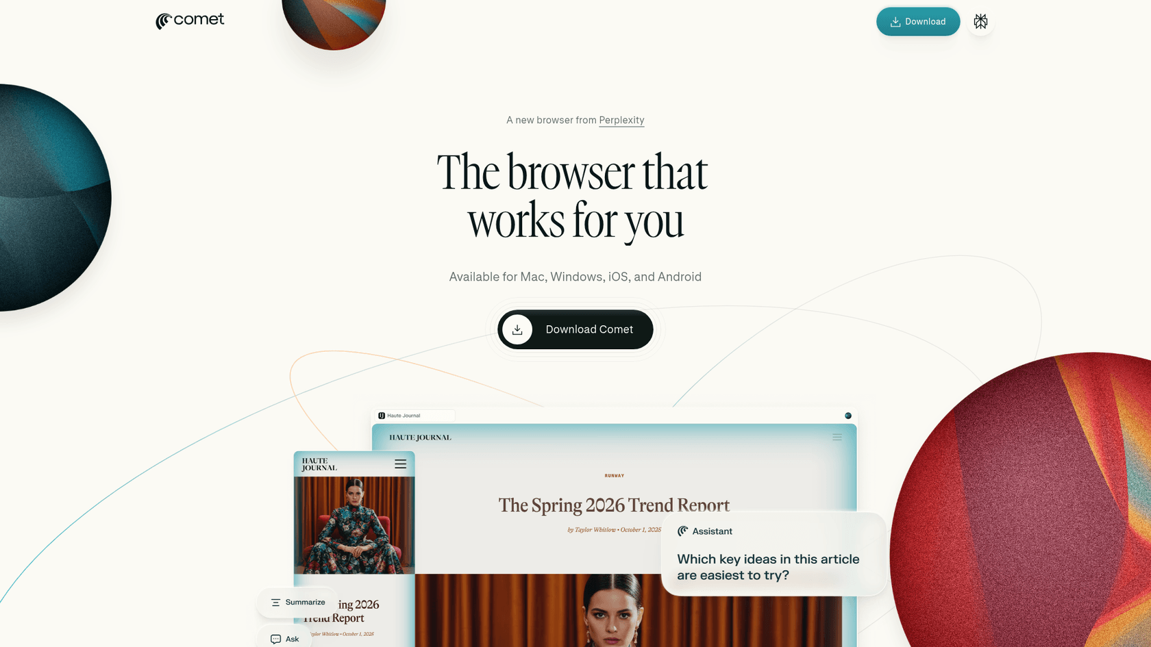 Perplexity Comet browser landing page, as taken from Perplexity