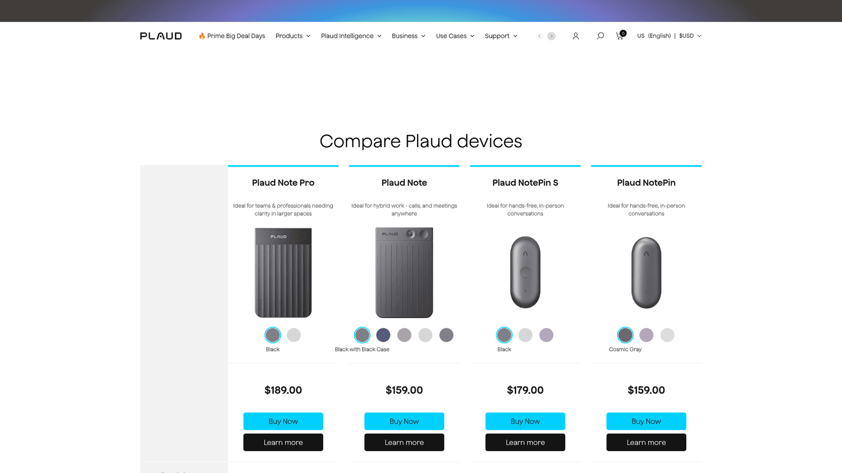 Plaud device comparison page with Note Pro at $189, Note at $159, NotePin S at $179 and NotePin at $159, as taken from Plaud