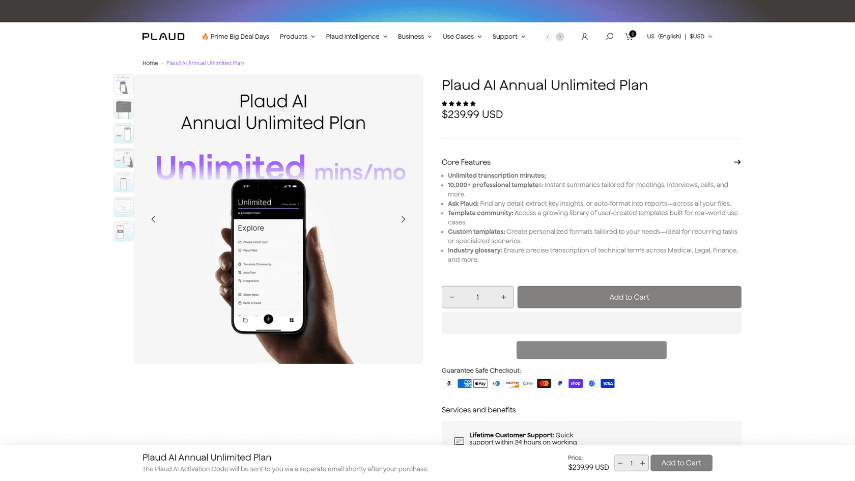 Plaud AI Annual Unlimited Plan product page showing the $239.99 price and feature list, as taken from Plaud