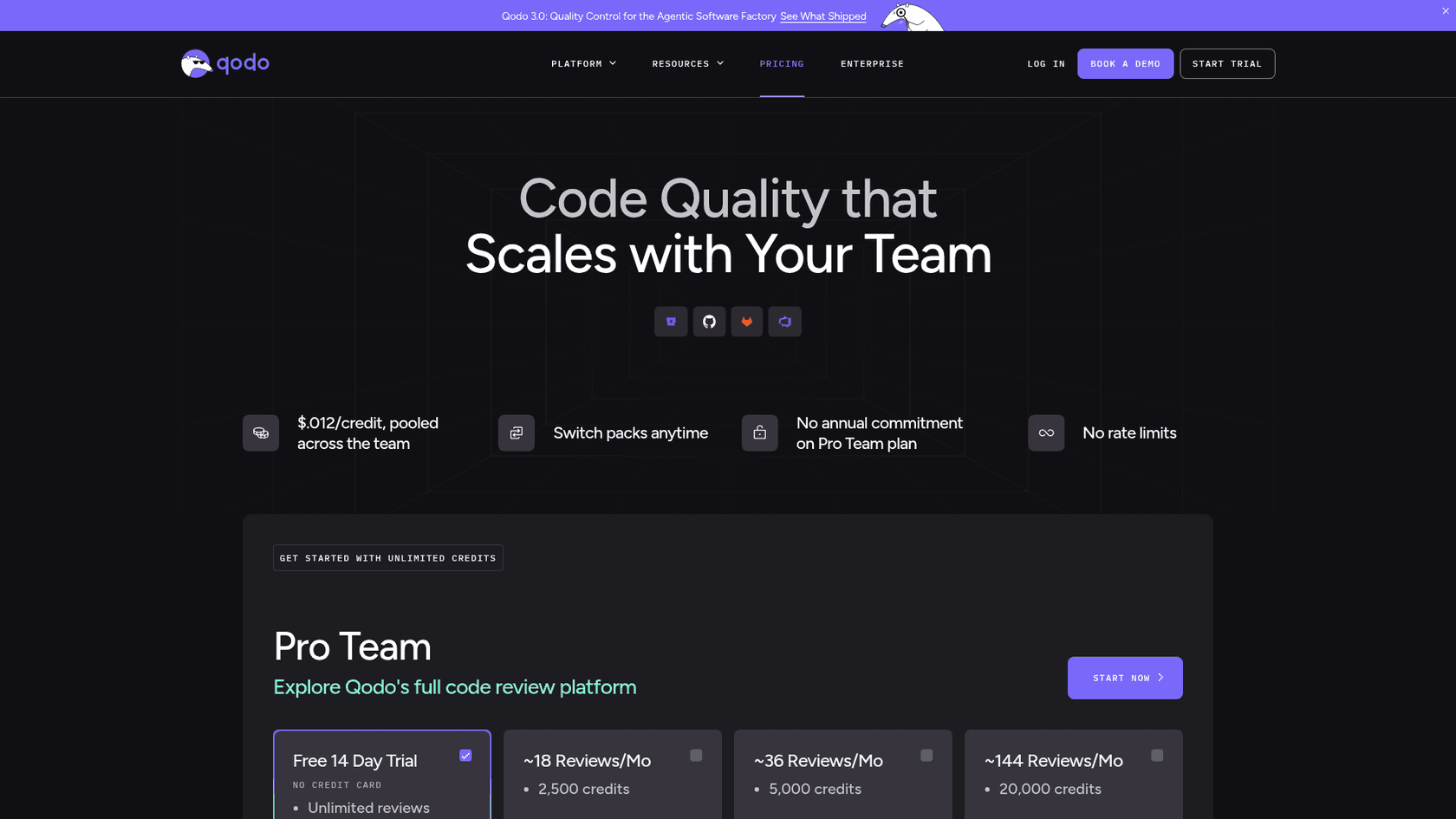 Screenshot of the Qodo pricing page showing the Pro Team plan and credit packs, as taken from Qodo