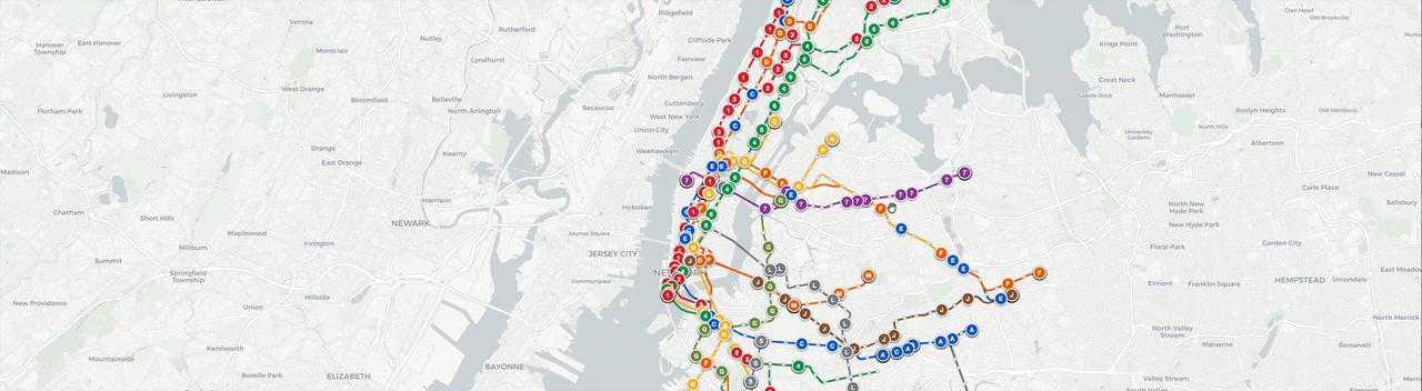 Beam-built live NYC subway map with colored train markers moving between stations, as taken from Reflection