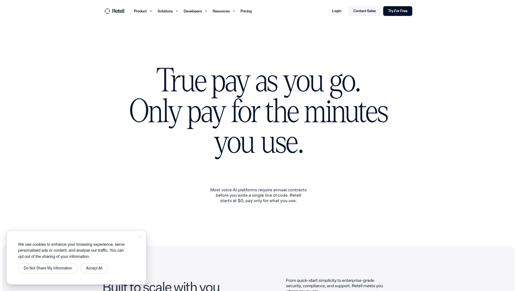 Retell AI pricing page headline "True pay as you go", as taken from Retell AI