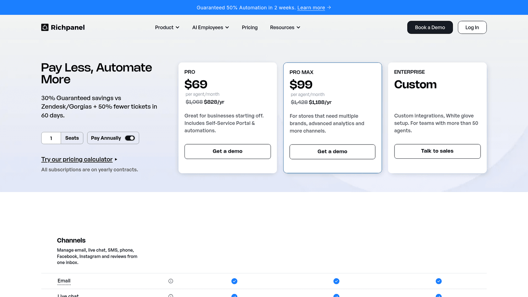 Richpanel pricing page with Pro, Pro Max, and Enterprise plans, as taken from richpanel.com/pricing