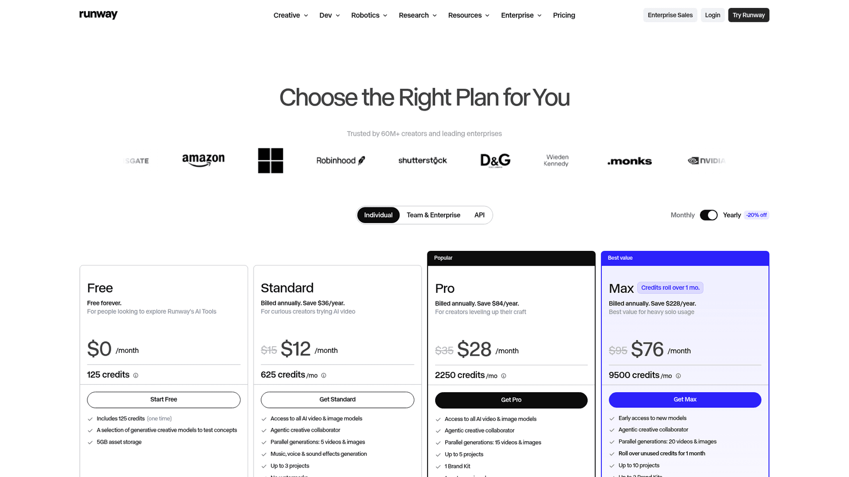 Runway's pricing page with the Free, Standard, Pro and Max plans, as taken from Runway