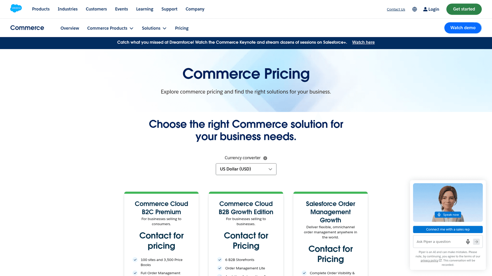 Salesforce's Commerce pricing page showing every edition as Contact for pricing, as taken from Salesforce
