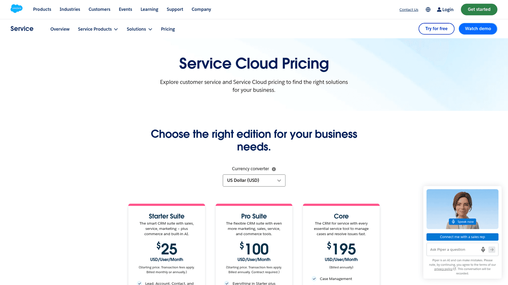 The Salesforce Service Cloud pricing page showing the Starter Suite, Pro Suite and Core editions, as taken from Salesforce's Service pricing page.