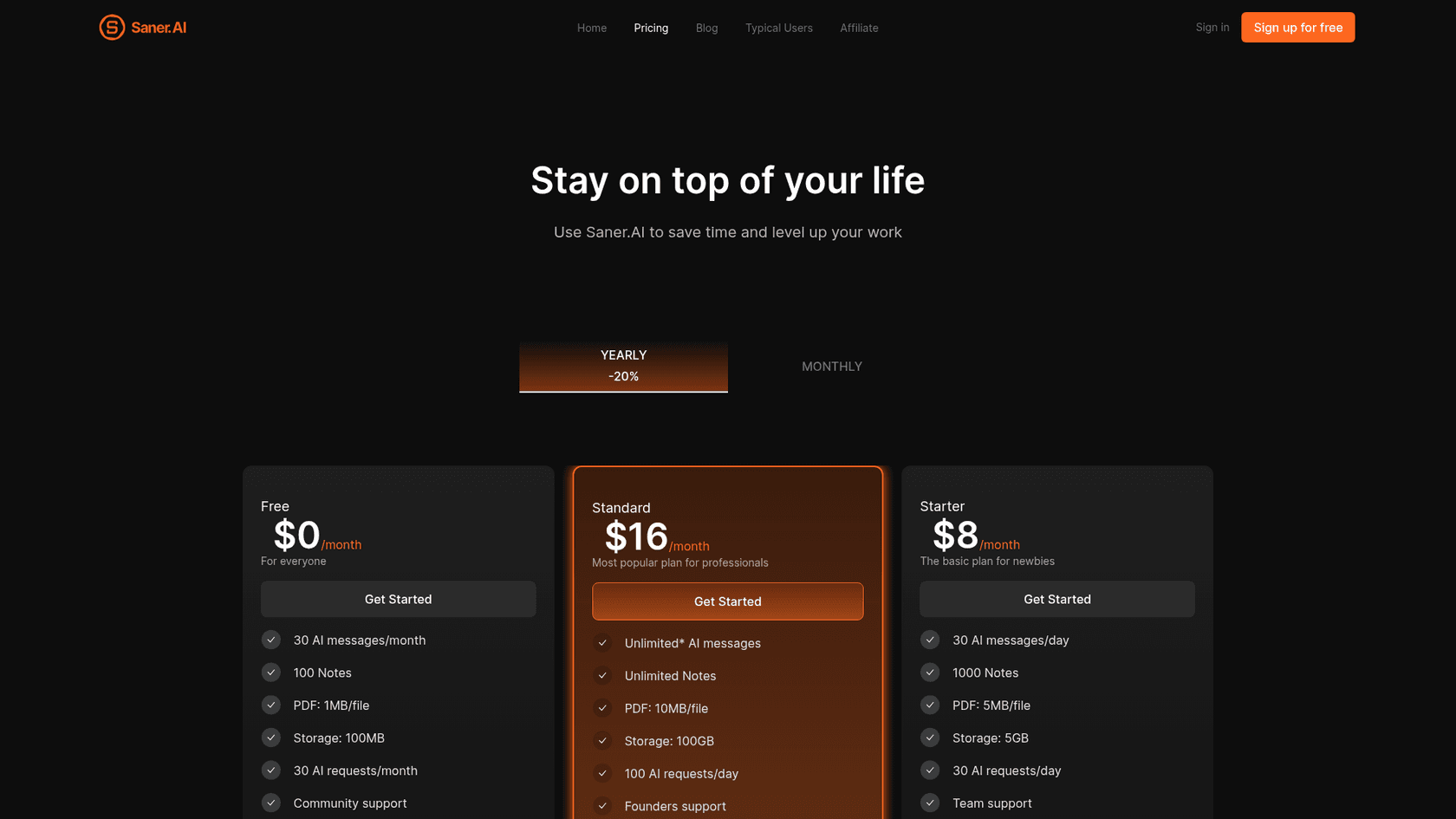 The Saner.AI pricing page with Free, Standard and Starter plans, as taken from Saner.AI
