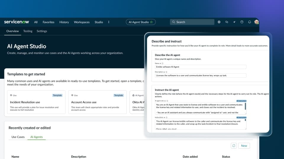 ServiceNow AI Agent Studio showing agent templates and the natural-language form used to describe an AI agent, as shown on ServiceNow's AI Agents page.