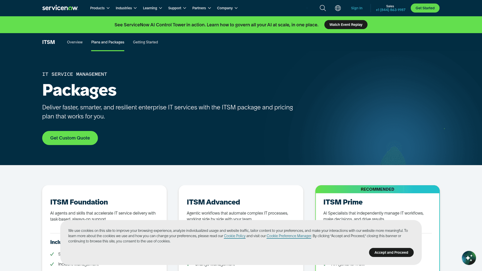 ServiceNow ITSM packages page showing Foundation, Advanced and Prime with Get Custom Quote, as taken from ServiceNow