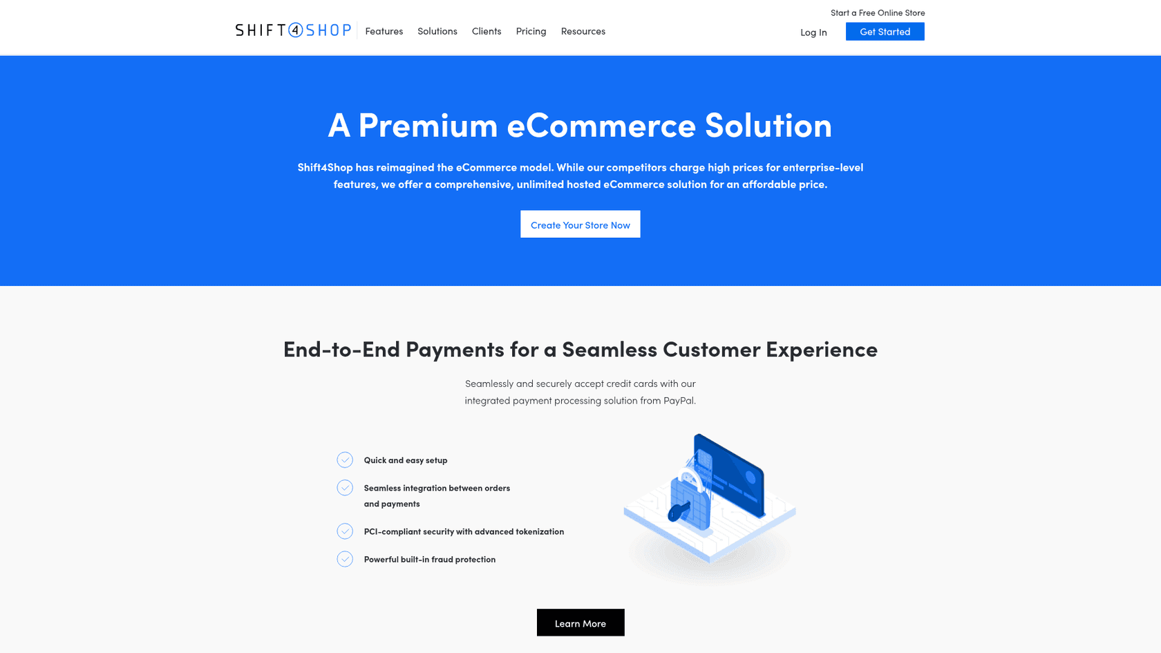 Shift4Shop's pricing page, showing the End-to-End Payments section and the unlimited plan pitch, as taken from Shift4Shop