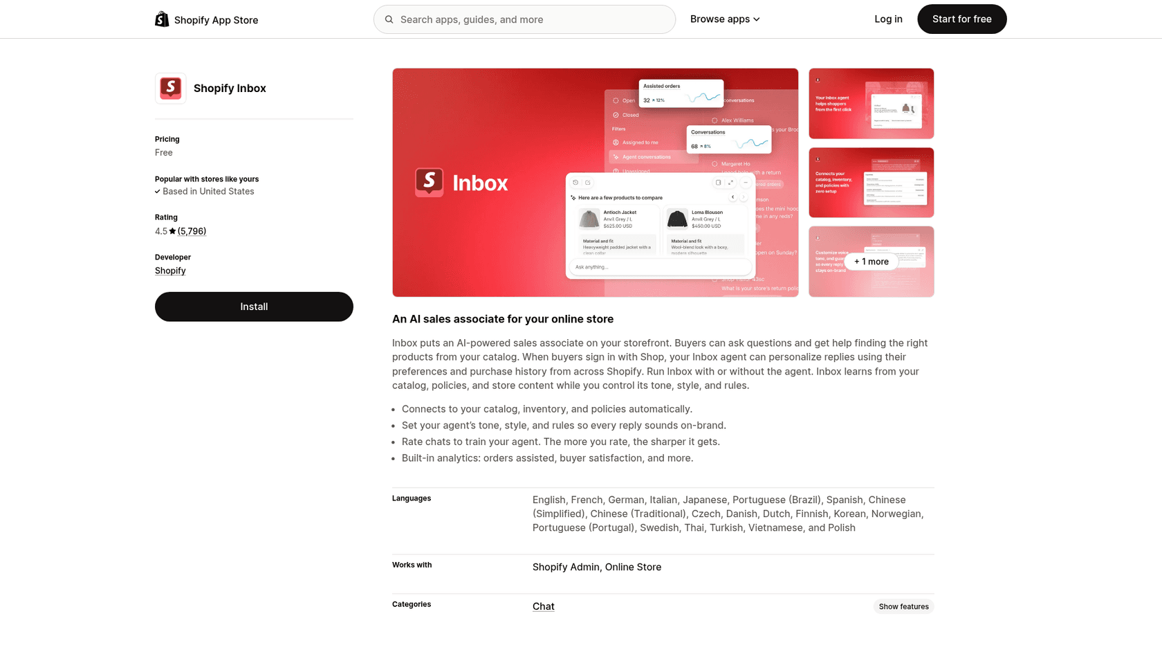 Shopify Inbox app listing describing an AI sales associate for your online store, as captured from Shopify App Store in October 2026