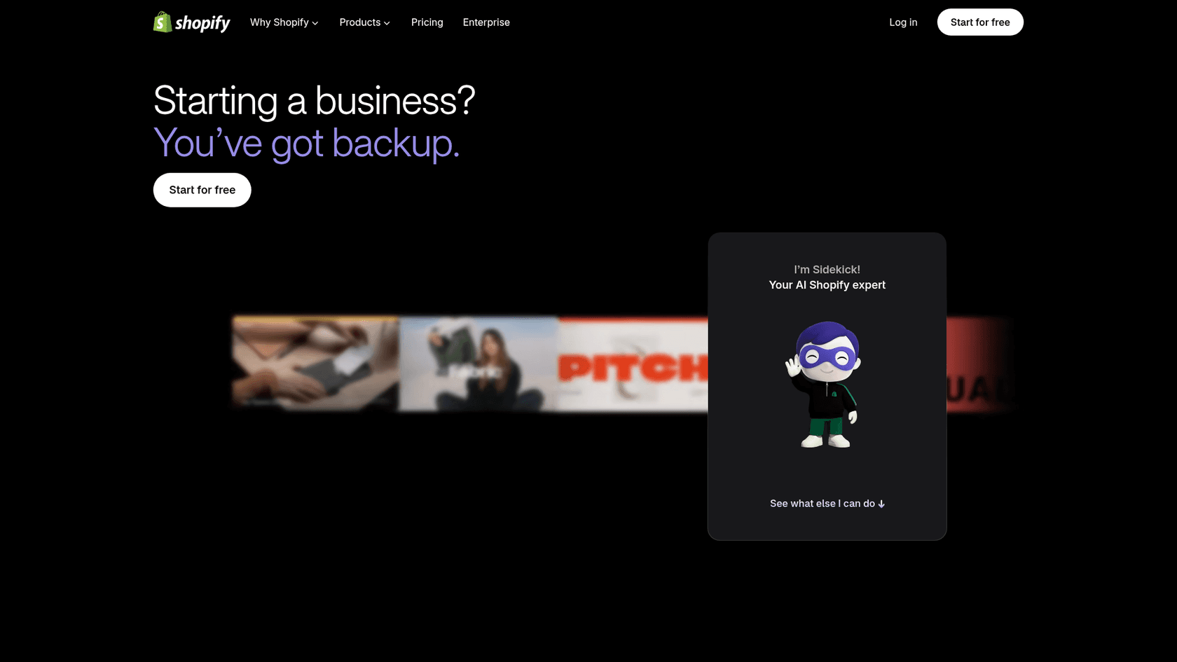 Shopify's Sidekick page introducing its AI Shopify expert, as taken from Shopify in October 2026