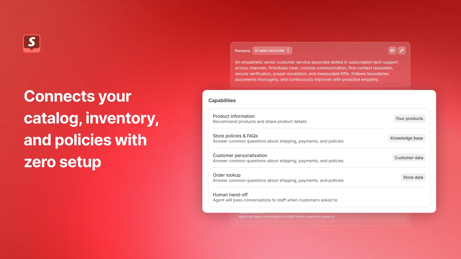 The Inbox agent capabilities panel listing product information, store policies, order lookup, and human hand-off, as shown on the Shopify App Store listing