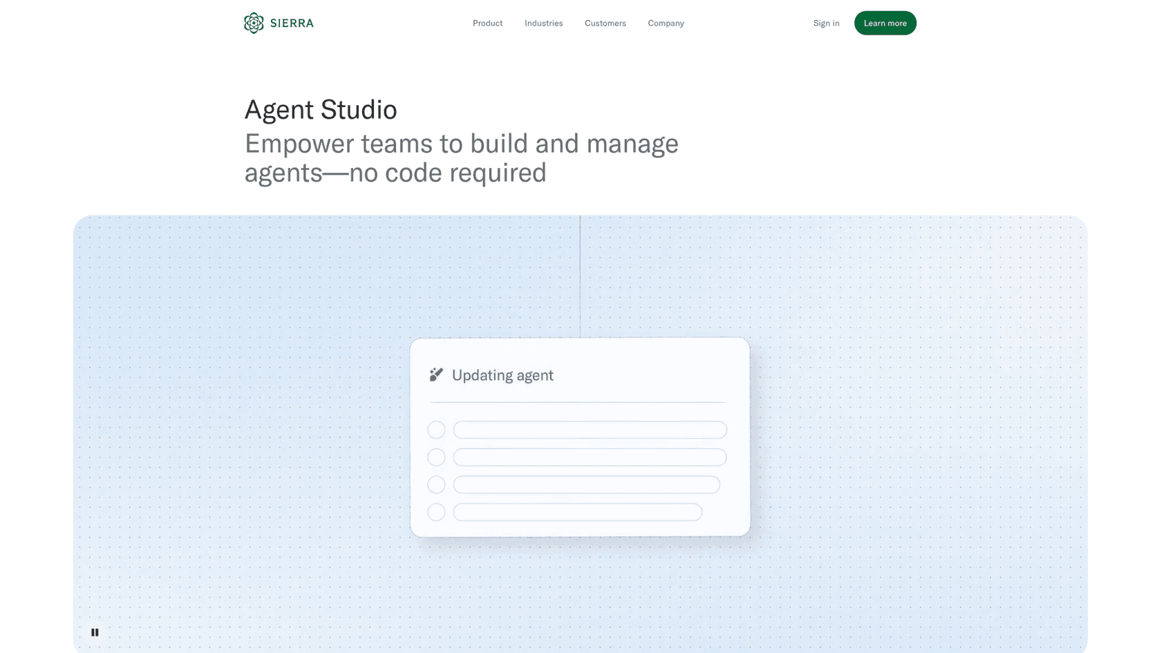 Agent Studio, which Sierra describes as a way to build and manage agents with no code required, as taken from Sierra
