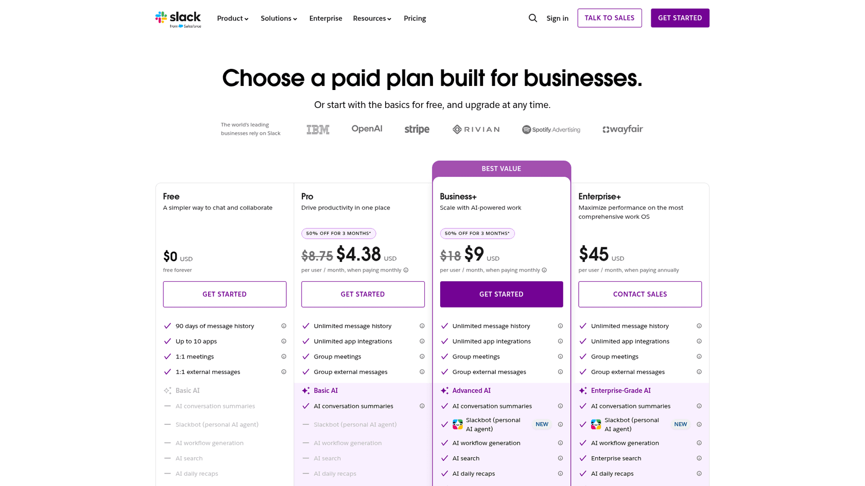 Slack's pricing page shows Enterprise+ at the top of four plans, the only one that lists enterprise search.