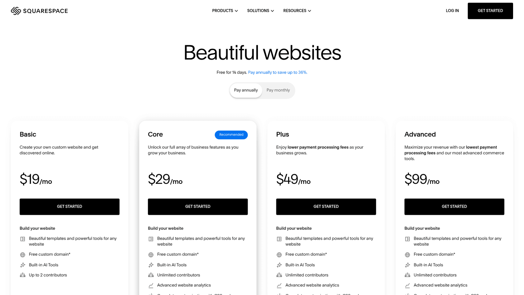 Squarespace's pricing page showing the Basic, Core, Plus and Advanced plans, as taken from Squarespace
